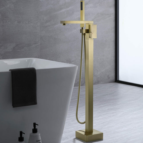 360° Swivel Cube Freestanding Tub Faucet with Hand Shower Single Handle