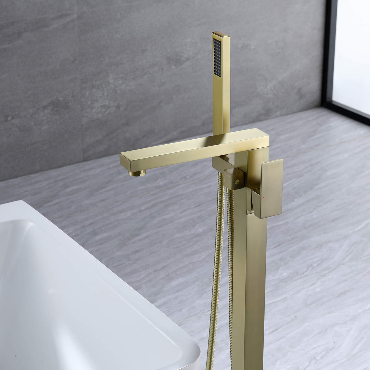 360° Swivel Cube Freestanding Tub Faucet with Hand Shower Single Handle