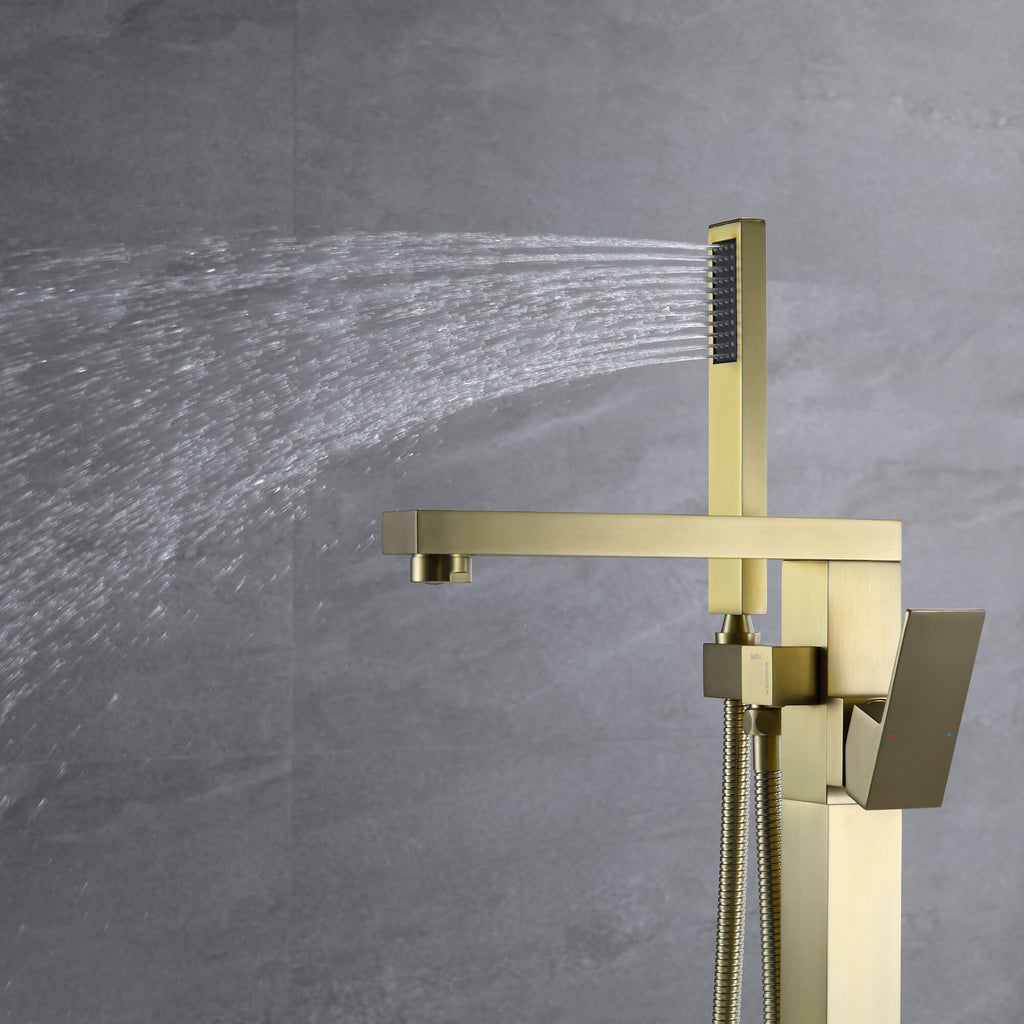 360° Swivel Cube Freestanding Tub Faucet with Hand Shower Single Handle