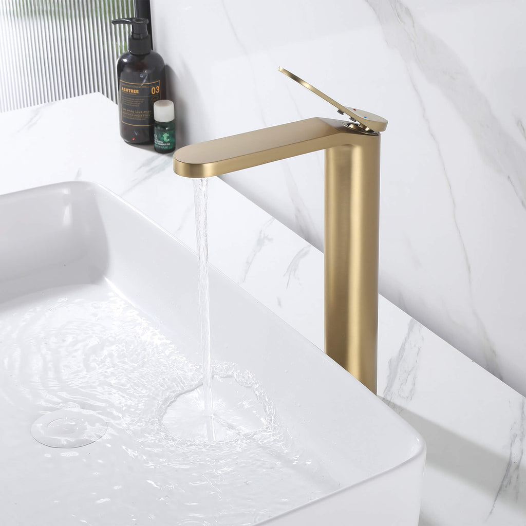 Tall Modern Minimalist Vessel Sink Faucet with Elongated Splash-Free Spout