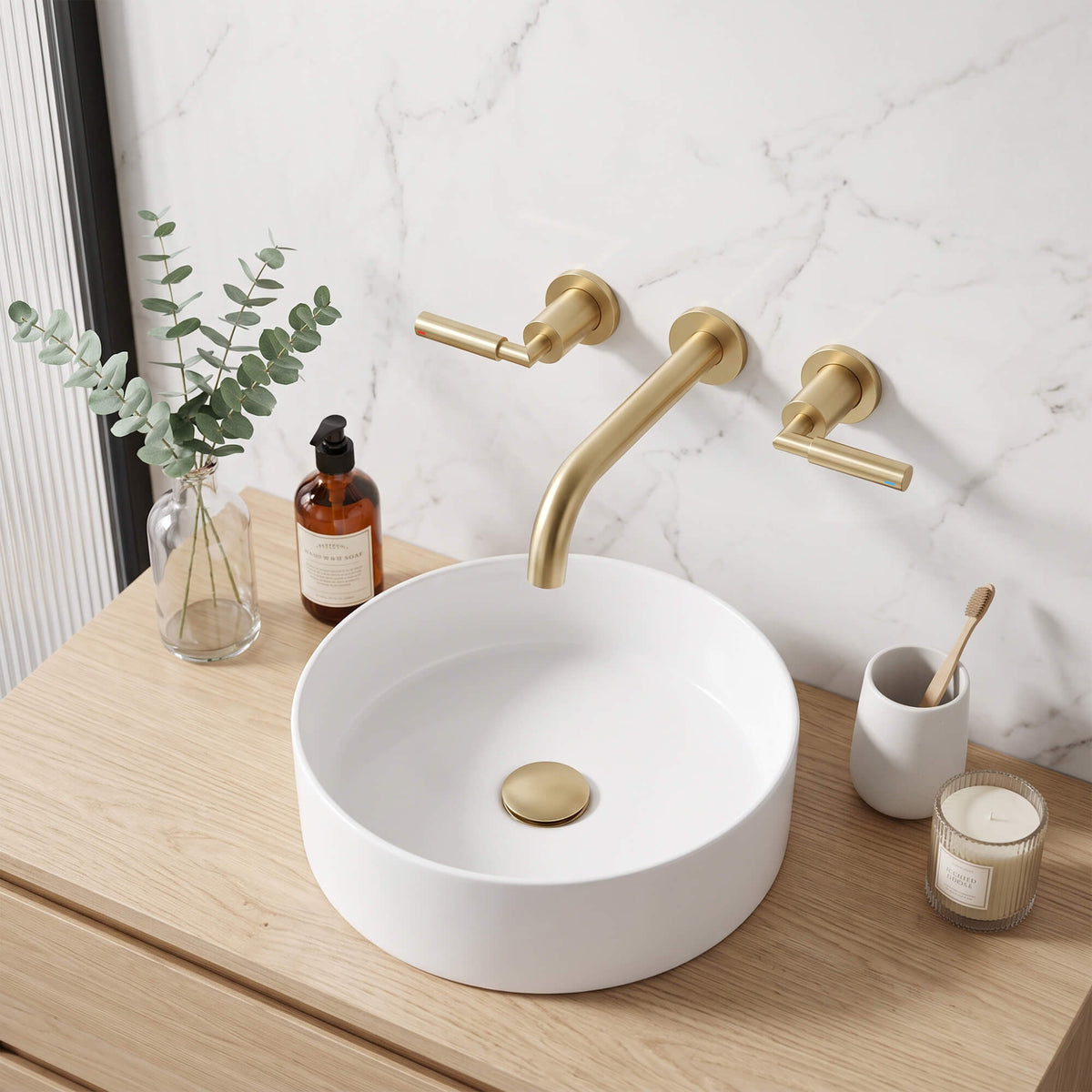 Wall-Mounted Bathroom Faucet with Drain Assembly Solid Brass 3-Piece Set