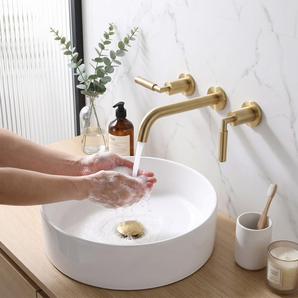 Wall-Mounted Bathroom Faucet with Drain Assembly Solid Brass 3-Piece Set