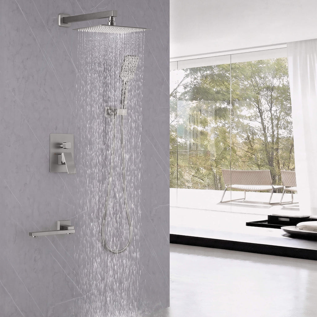 Concealed Tub Shower System with Fold-Away Tub Spout & 3-Function Hand Shower