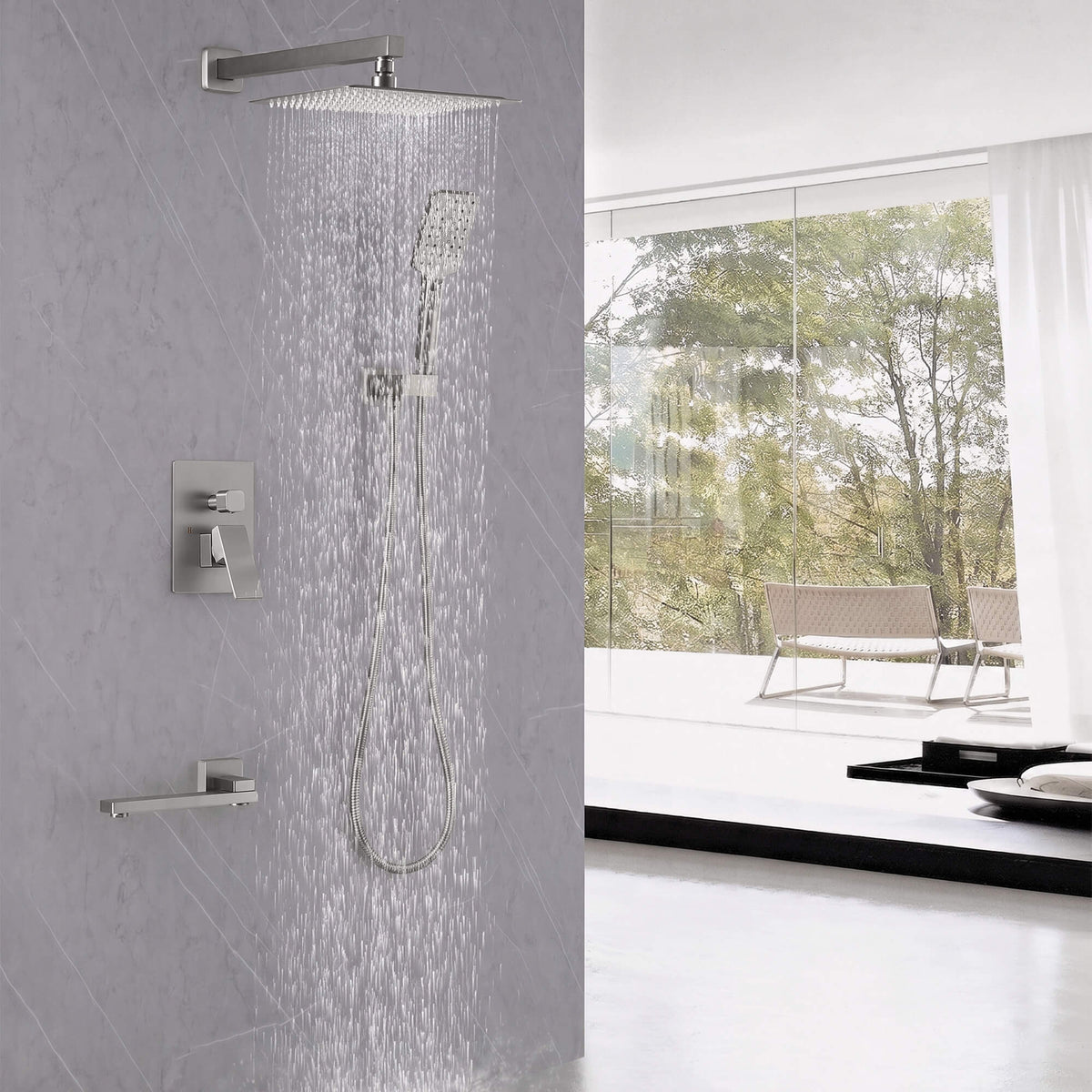 Concealed Tub Shower System with Fold-Away Tub Spout & 3-Function Hand Shower