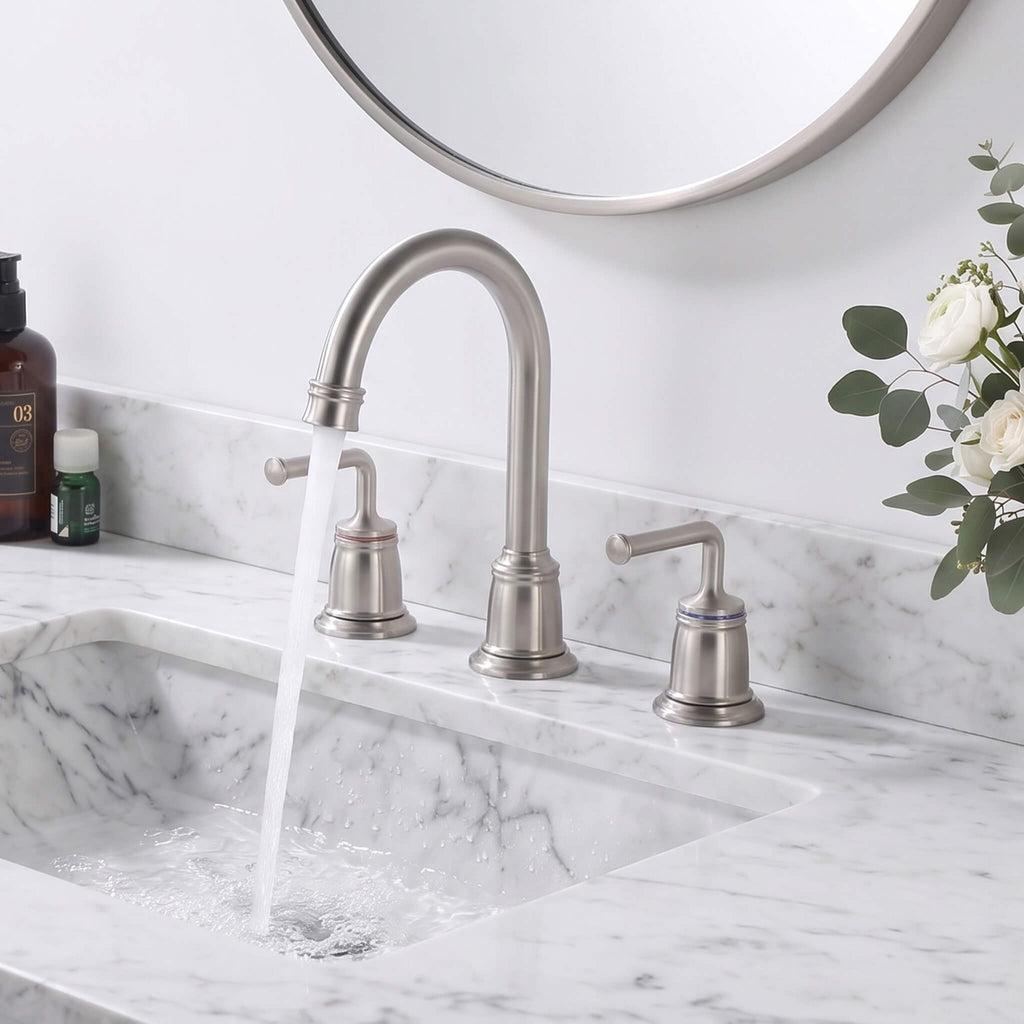 360° Swivel Gooseneck Widespread Bathroom Sink Faucet with Drain