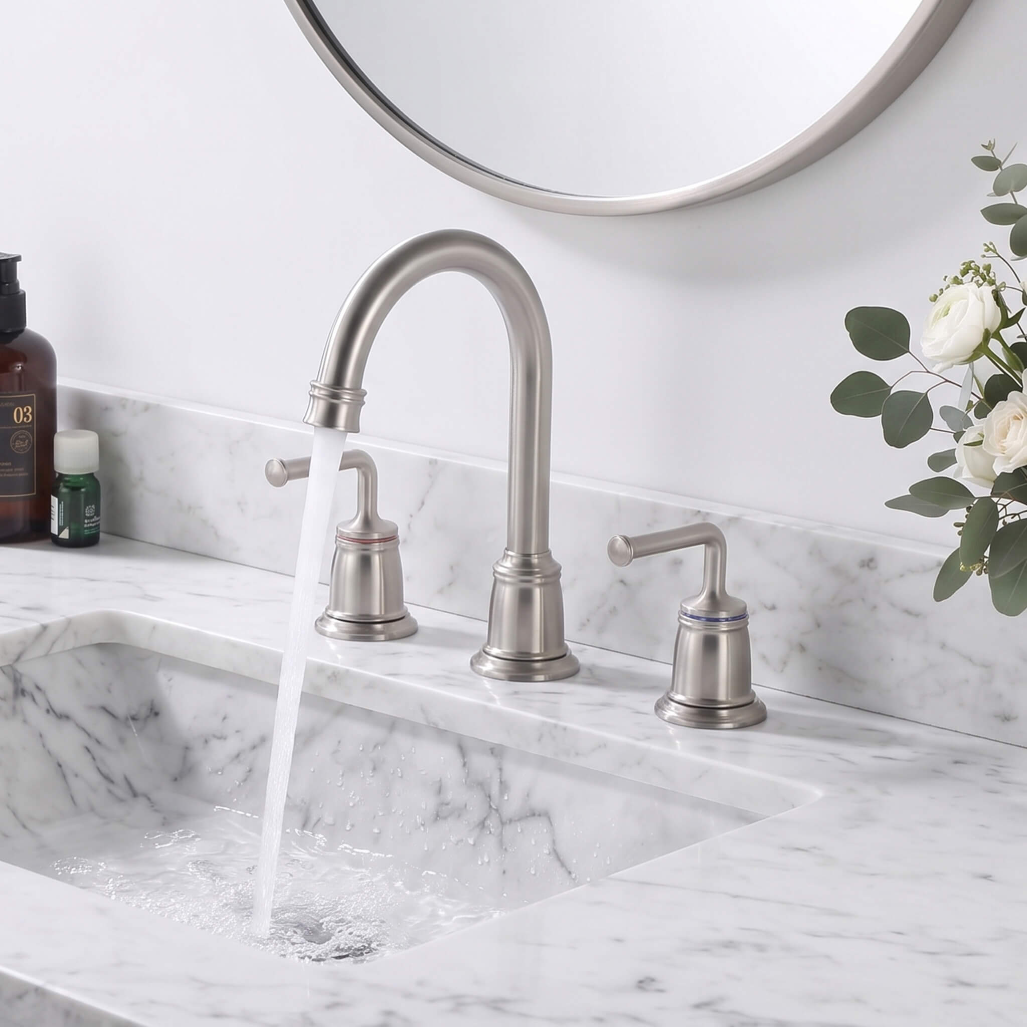360° Swivel Gooseneck Widespread Bathroom Sink Faucet with Drain