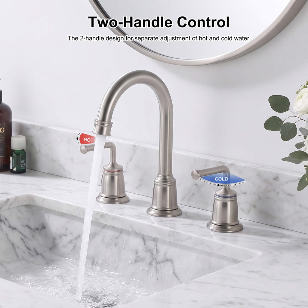 360° Swivel Gooseneck Widespread Bathroom Sink Faucet with Drain