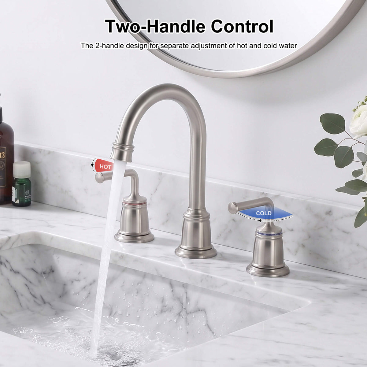360° Swivel Gooseneck Widespread Bathroom Sink Faucet with Drain