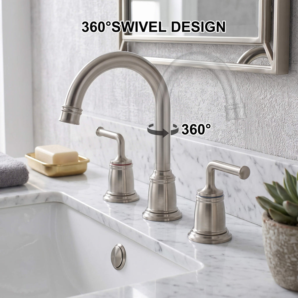 360° Swivel Gooseneck Widespread Bathroom Sink Faucet with Drain