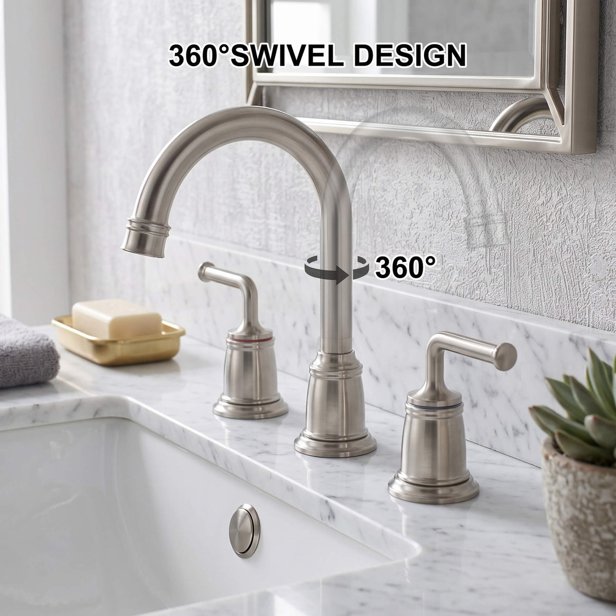 360° Swivel Gooseneck Widespread Bathroom Sink Faucet with Drain