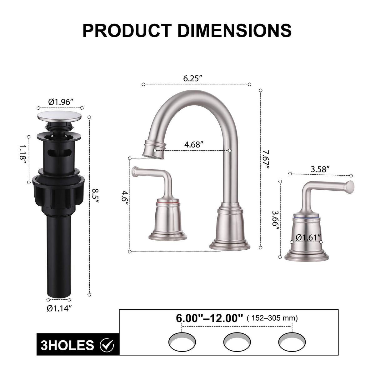 360° Swivel Gooseneck 5-10'' Widespread Bathroom Sink Faucet with Drain