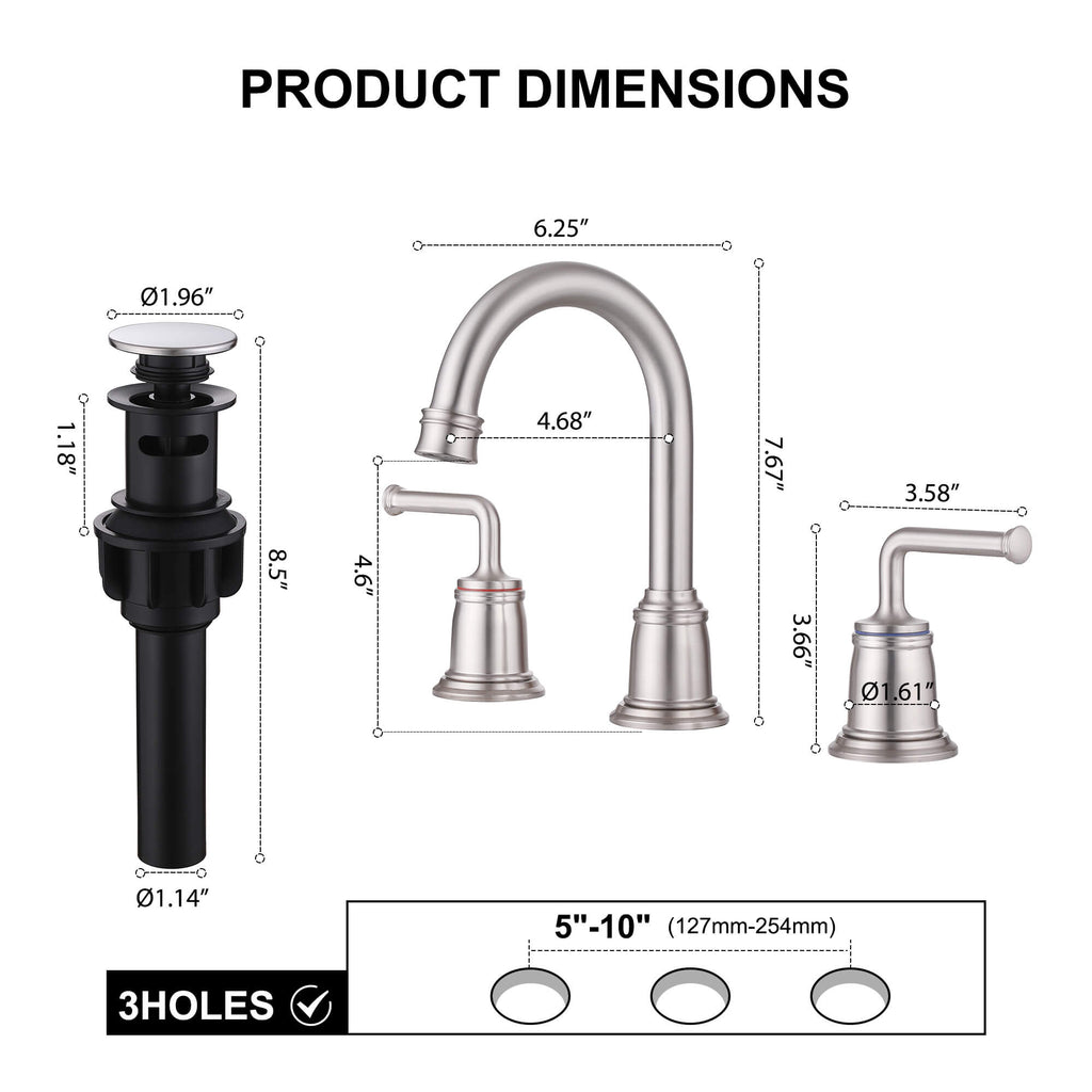 360° Swivel Gooseneck Widespread Bathroom Sink Faucet with Drain