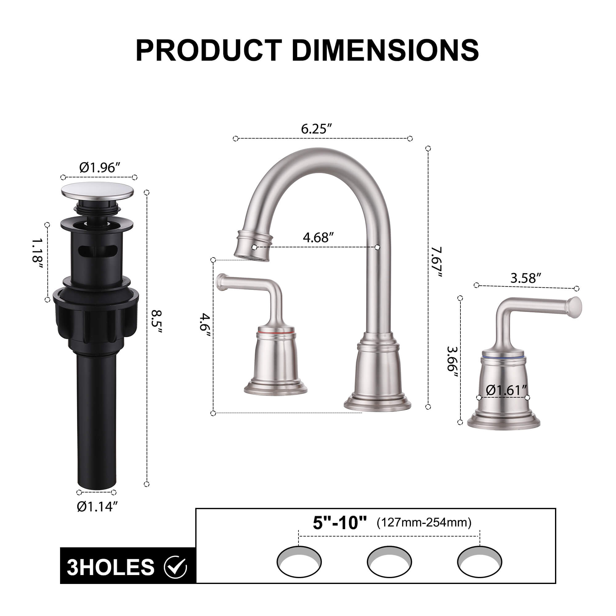 360° Swivel Gooseneck Widespread Bathroom Sink Faucet with Drain