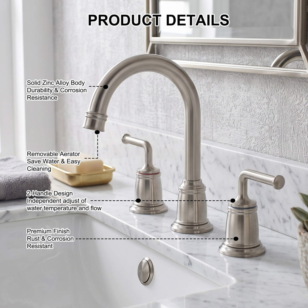 360° Swivel Gooseneck Widespread Bathroom Sink Faucet with Drain