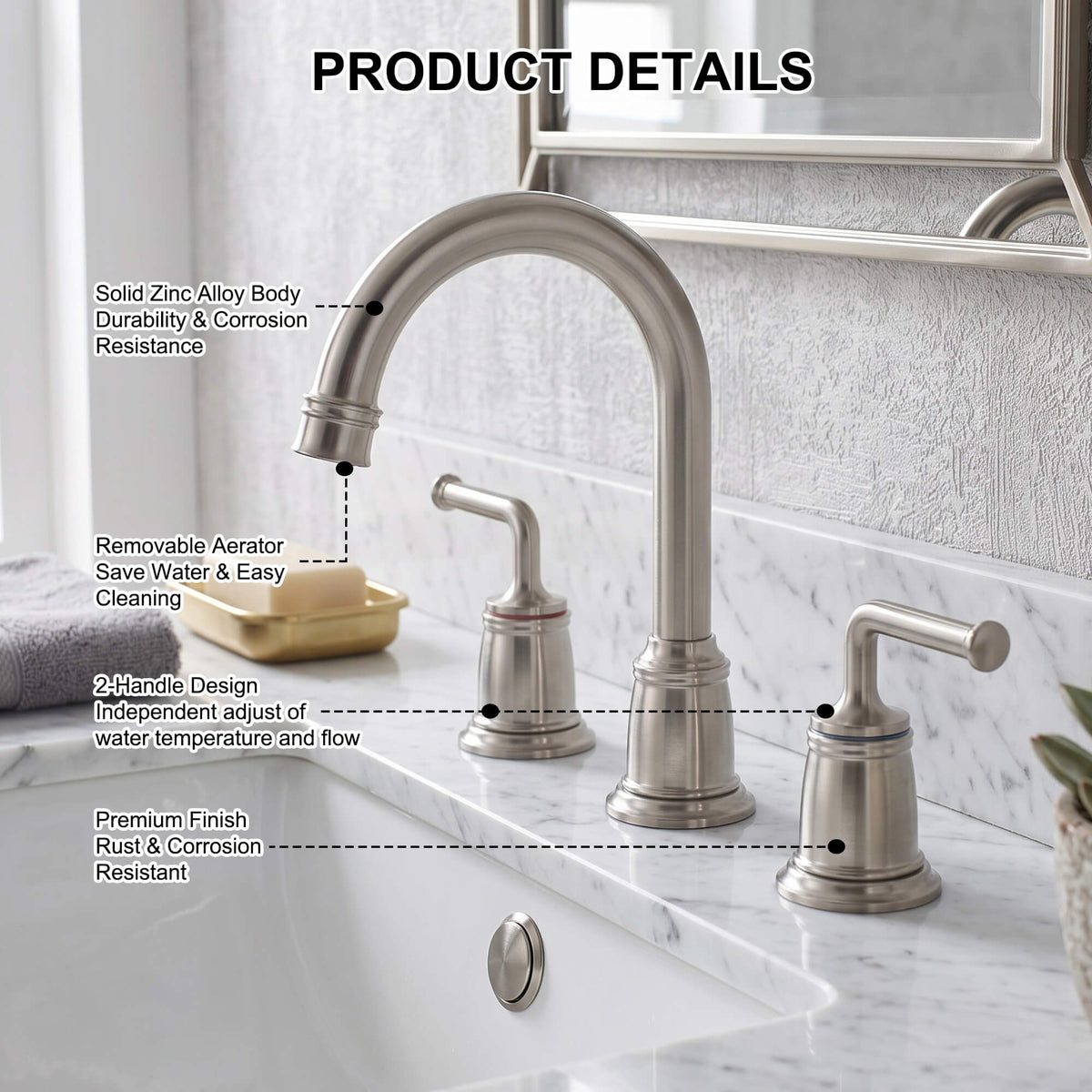 360° Swivel Gooseneck Widespread Bathroom Sink Faucet with Drain
