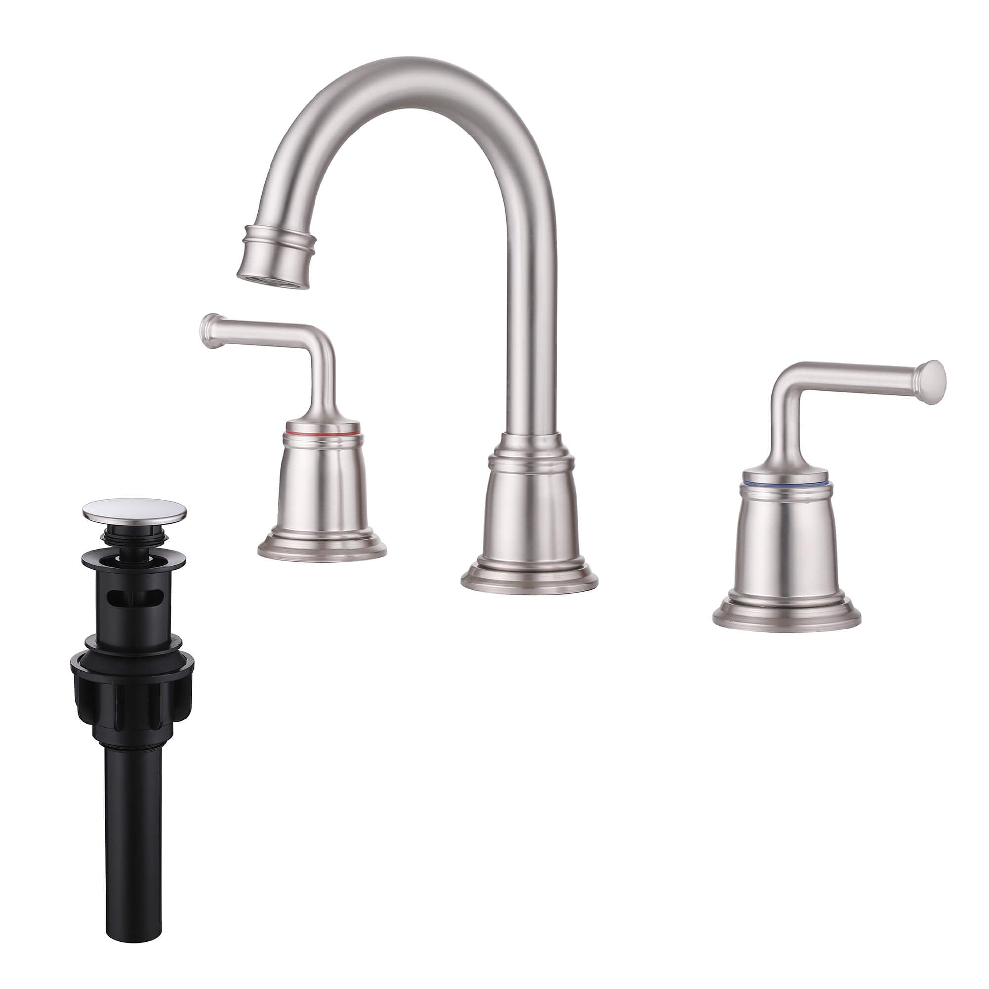 360° Swivel Gooseneck Widespread Bathroom Sink Faucet with Drain