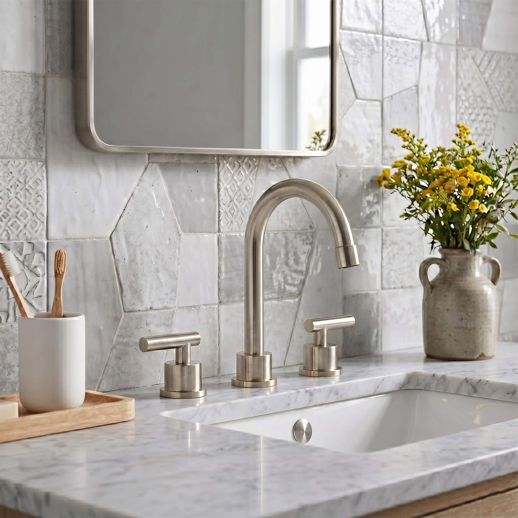 360° Swivel Gooseneck 3-Hole Widespread Bathroom Sink Faucet with Drain
