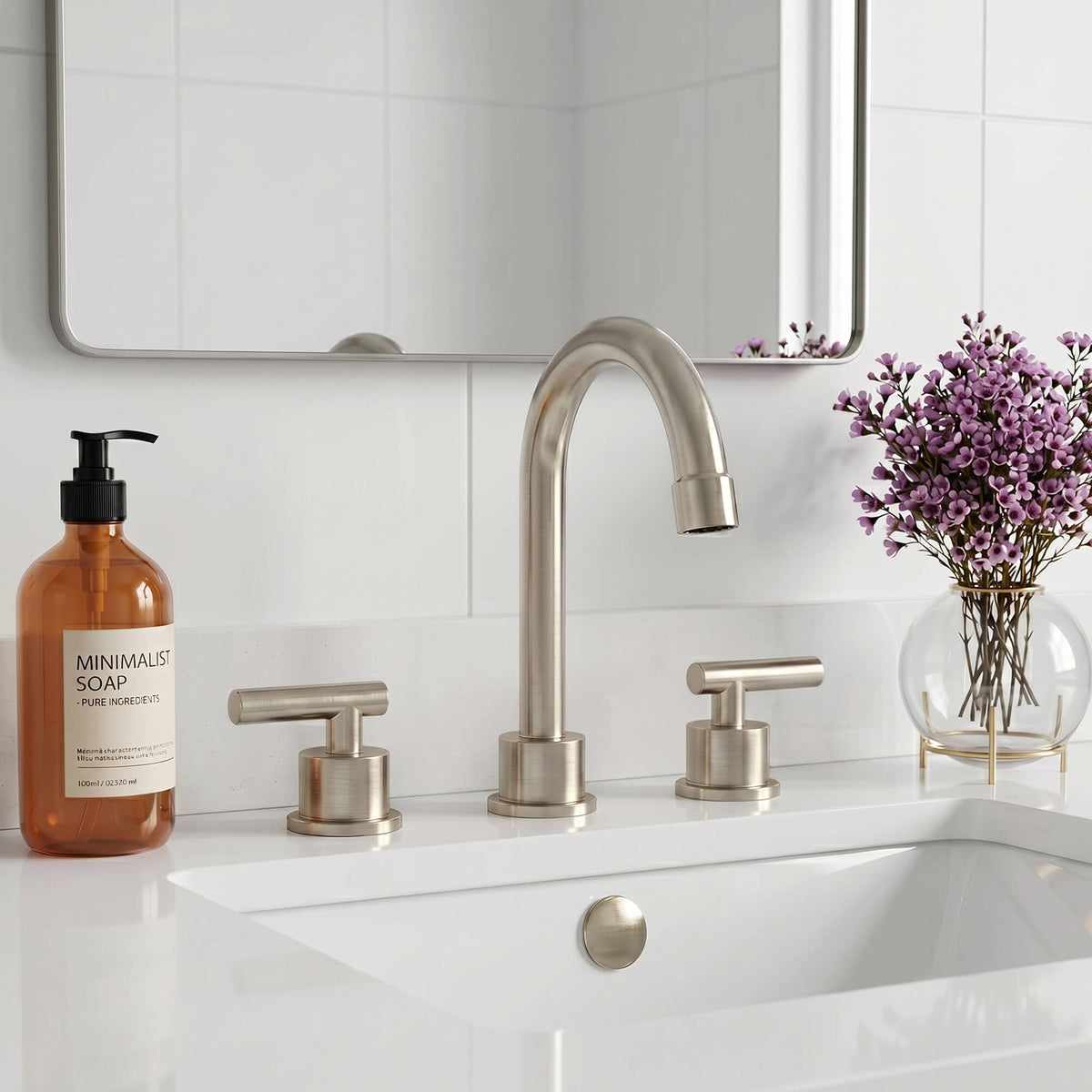 360° Swivel Gooseneck 3-Hole Widespread Bathroom Sink Faucet with Drain