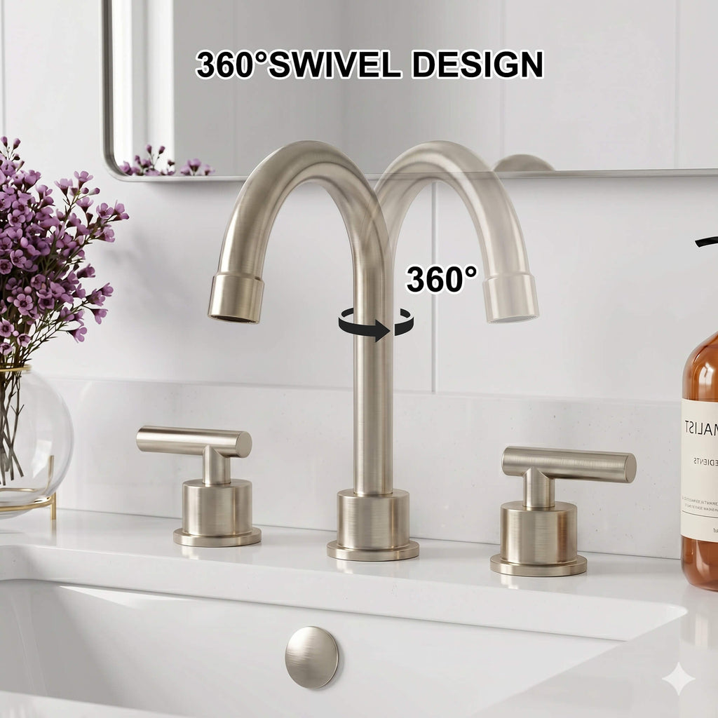 360° Swivel Gooseneck 3-Hole Widespread Bathroom Sink Faucet with Drain