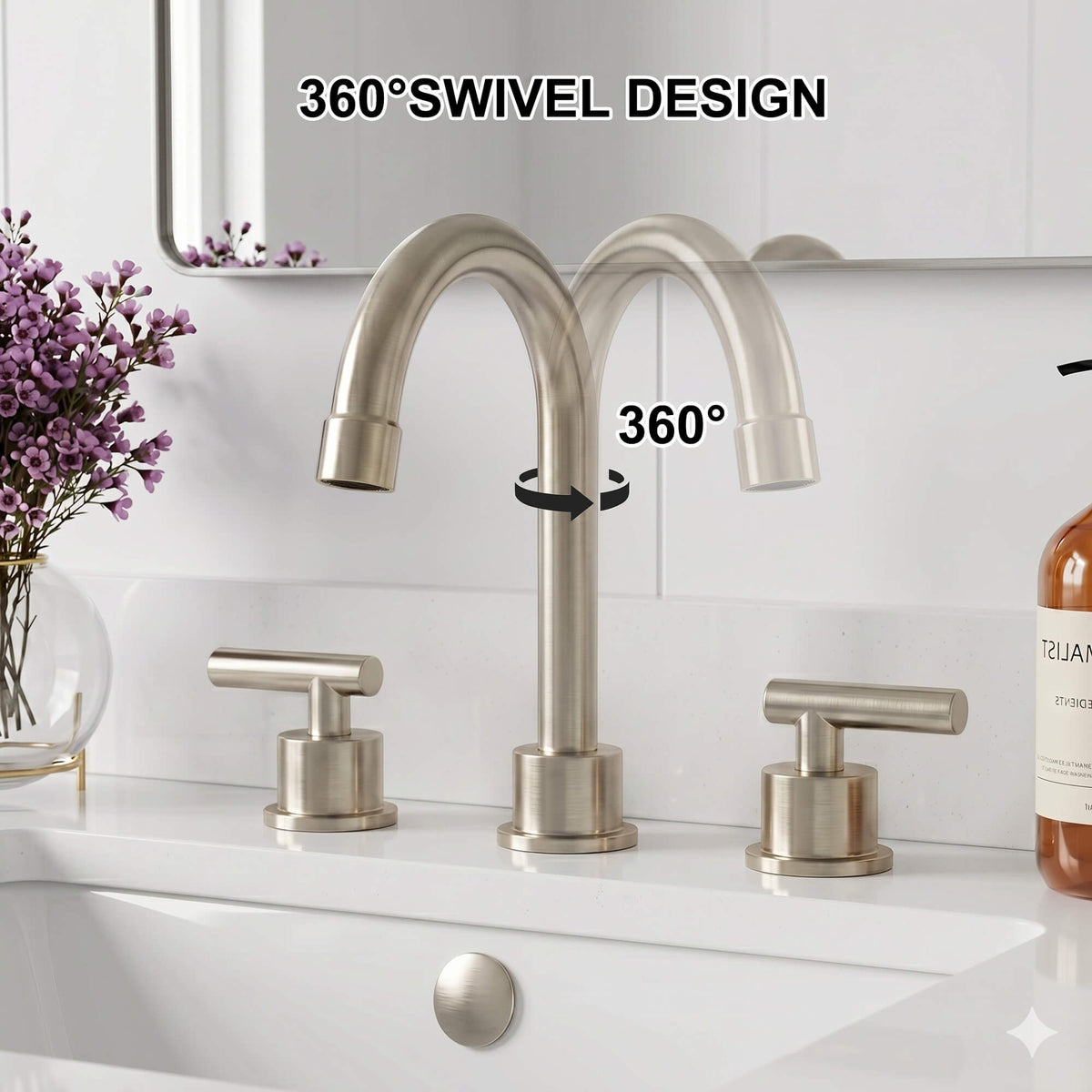 360° Swivel Gooseneck 3-Hole Widespread Bathroom Sink Faucet with Drain