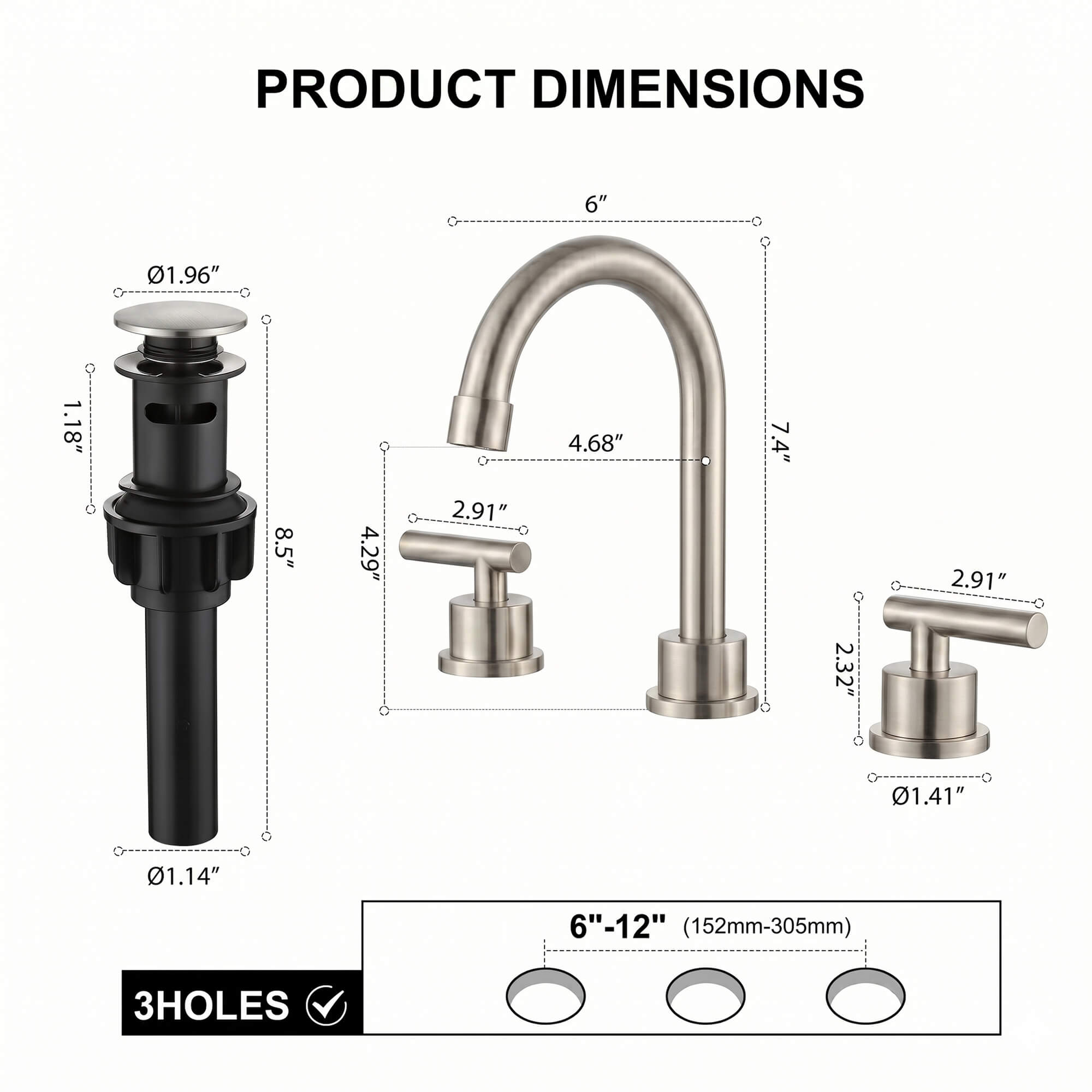 360° Swivel Gooseneck 3-Hole Widespread Bathroom Sink Faucet with Drain