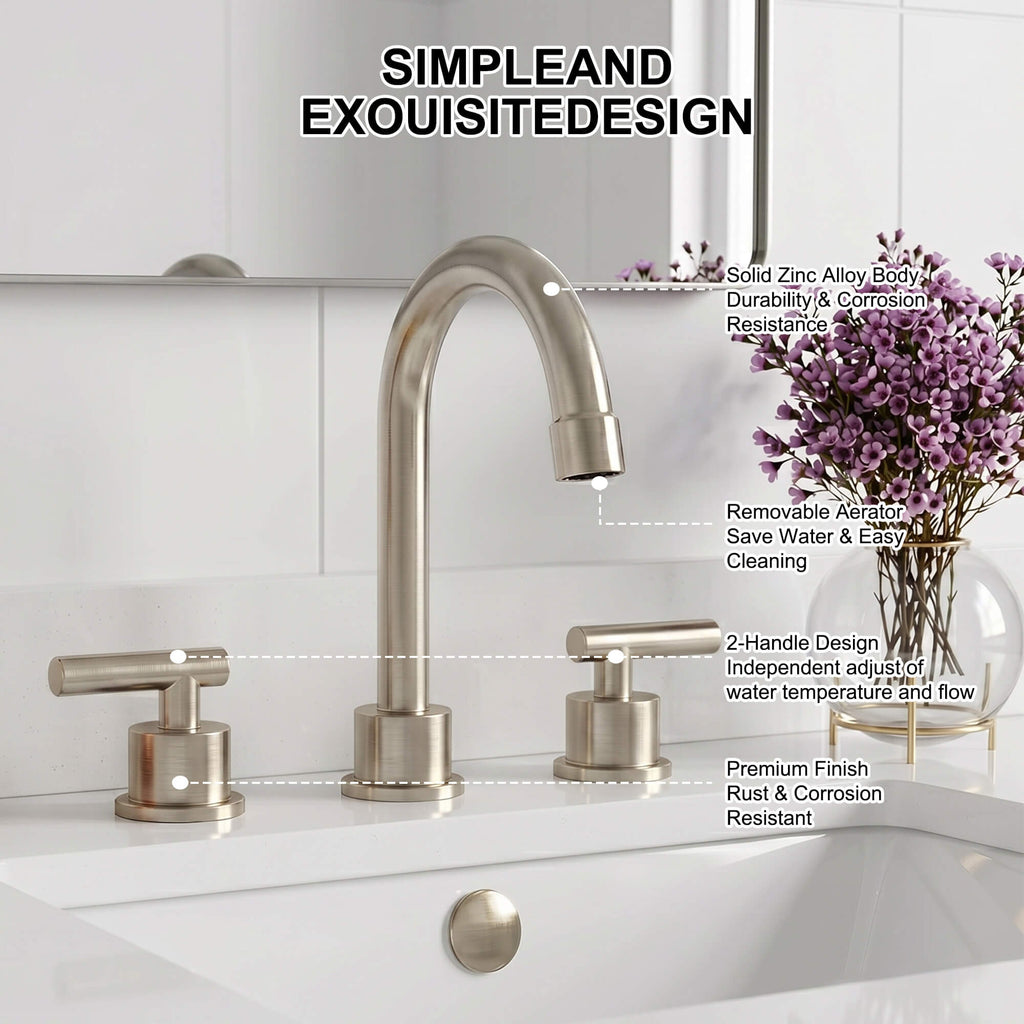 360° Swivel Gooseneck 3-Hole Widespread Bathroom Sink Faucet with Drain
