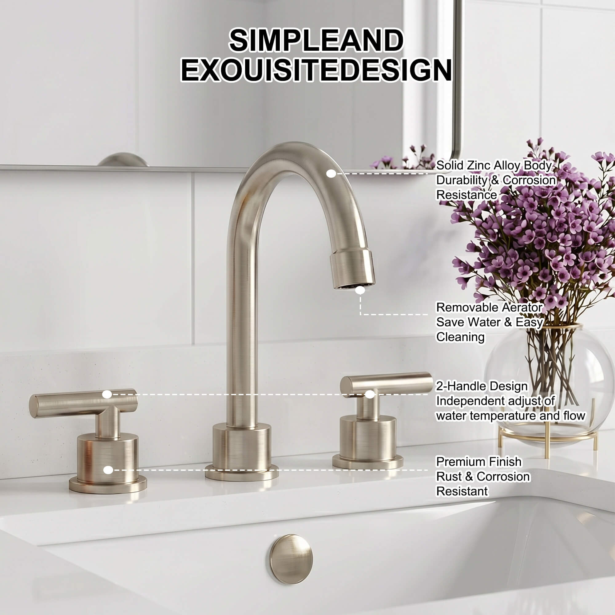 360° Swivel Gooseneck 3-Hole Widespread Bathroom Sink Faucet with Drain