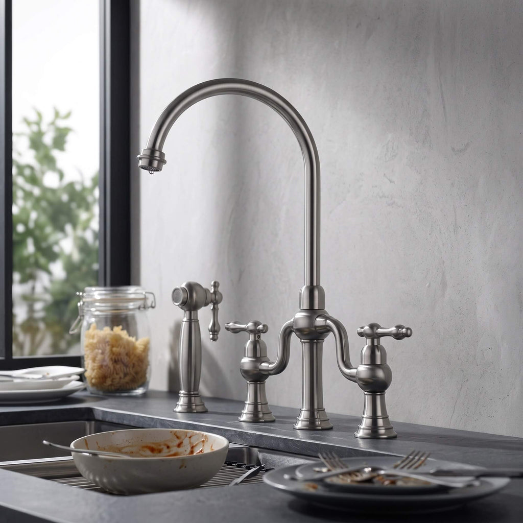 4-Hole Bridge Kitchen Faucet with Pull-Out Side Sprayer 360° Swivel high-arch Spout