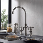 4-Hole Bridge Kitchen Faucet with Pull-Out Side Sprayer 360° Swivel high-arch Spout