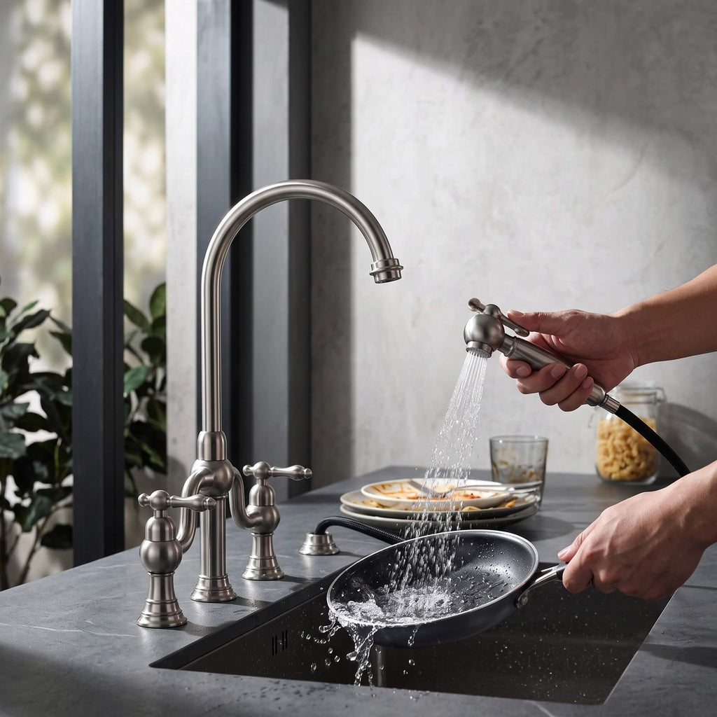 4-Hole Bridge Kitchen Faucet with Pull-Out Side Sprayer 360° Swivel high-arch Spout