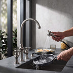 4-Hole Bridge Kitchen Faucet with Pull-Out Side Sprayer 360° Swivel high-arch Spout