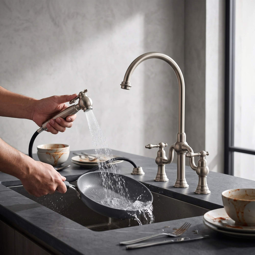 4-Hole Bridge Kitchen Faucet with Pull-Out Side Sprayer 360° Swivel high-arch Spout