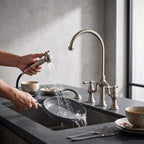 4-Hole Bridge Kitchen Faucet with Pull-Out Side Sprayer 360° Swivel high-arch Spout