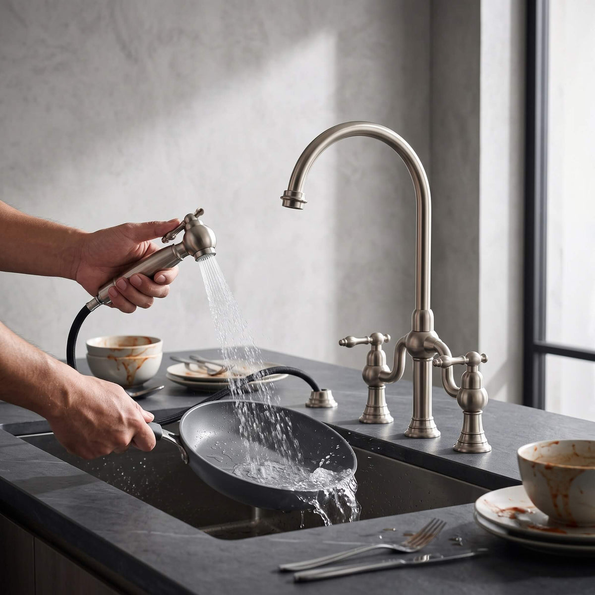 4-Hole Bridge Kitchen Faucet with Pull-Out Side Sprayer 360° Swivel high-arch Spout