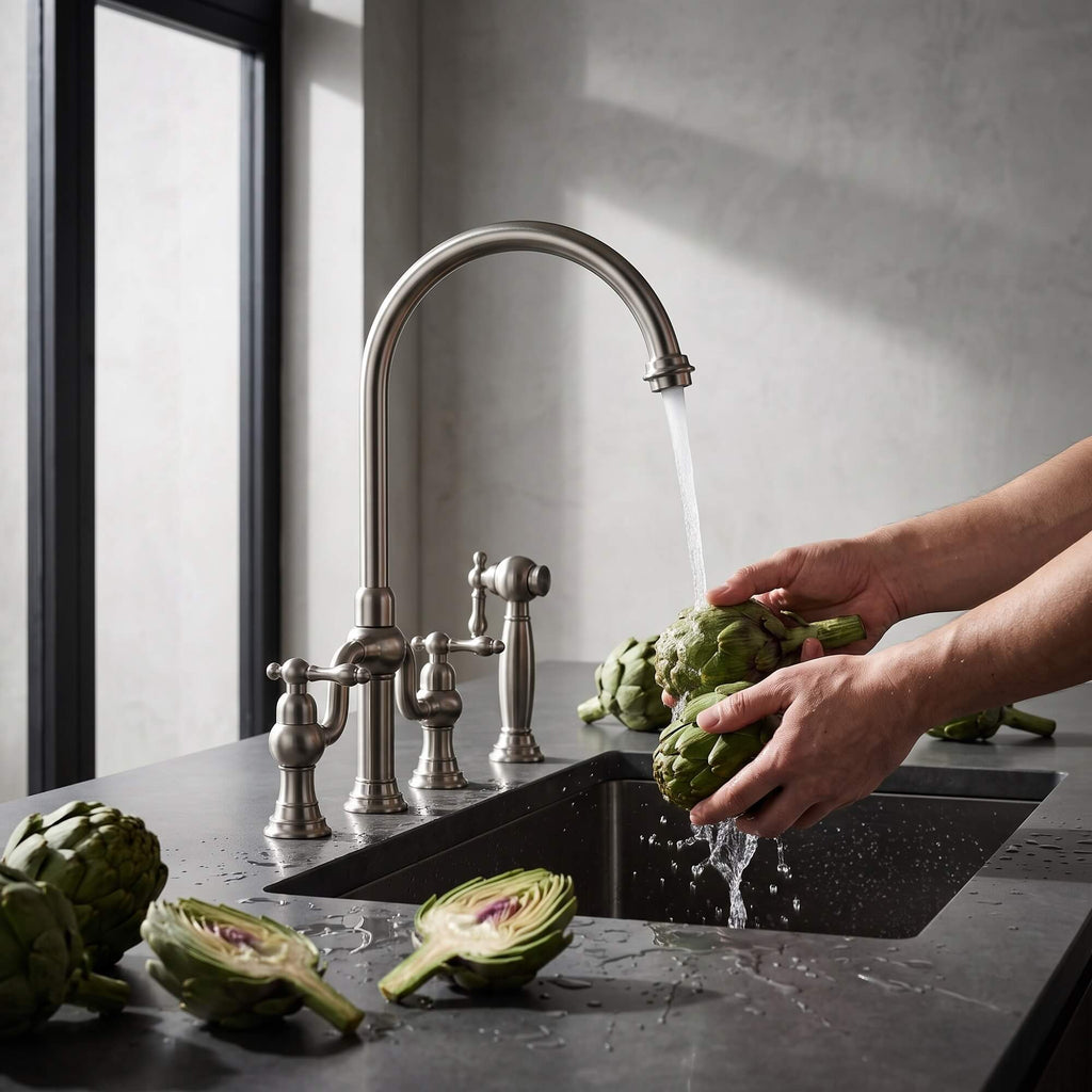 4-Hole Bridge Kitchen Faucet with Pull-Out Side Sprayer 360° Swivel high-arch Spout