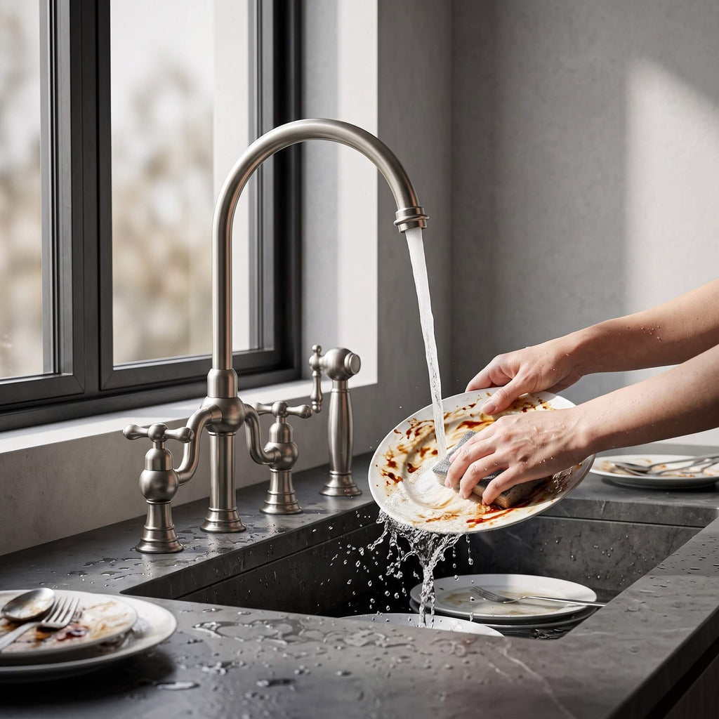 4-Hole Bridge Kitchen Faucet with Pull-Out Side Sprayer 360° Swivel high-arch Spout
