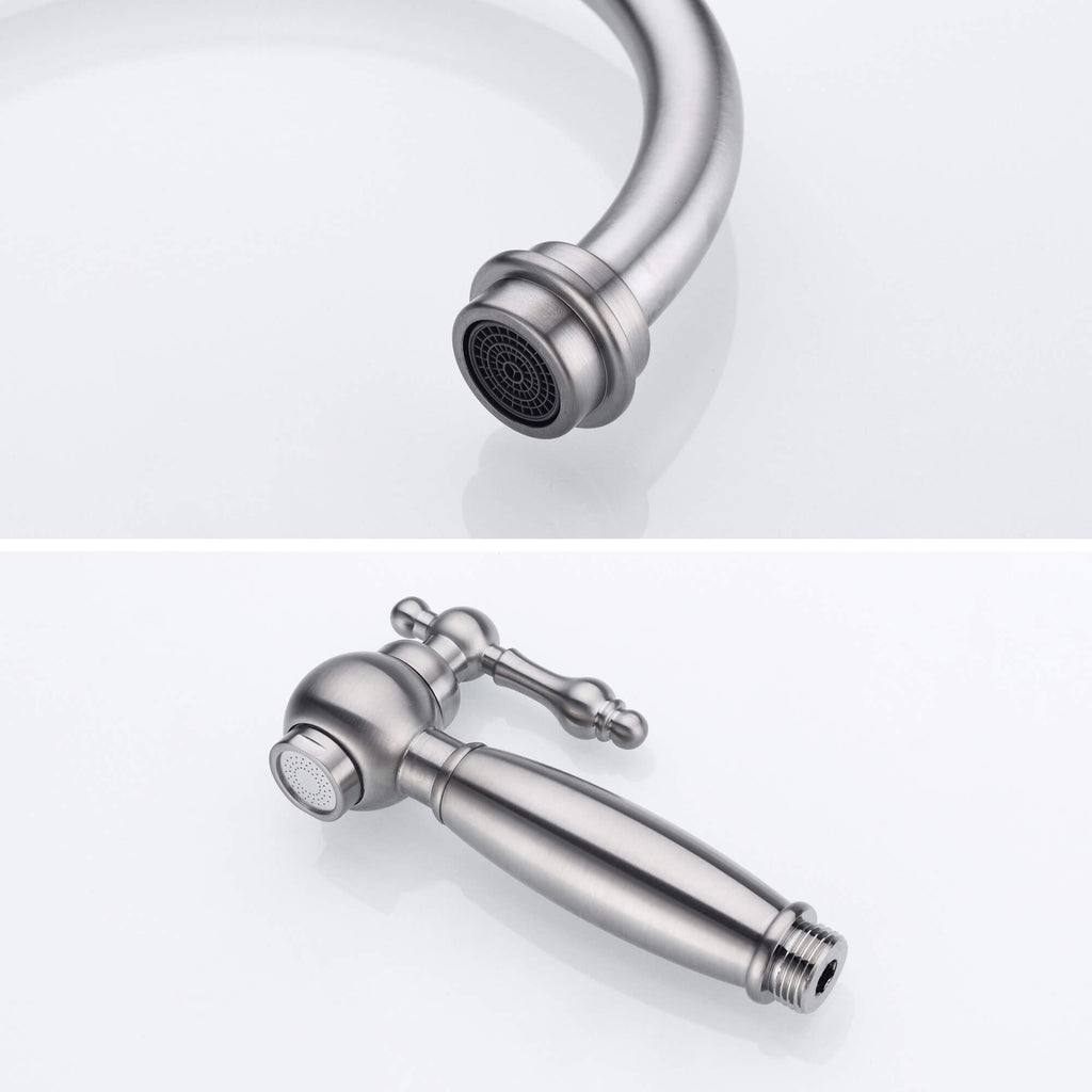 4-Hole Bridge Kitchen Faucet with Pull-Out Side Sprayer 360° Swivel high-arch Spout