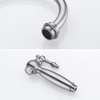 4-Hole Bridge Kitchen Faucet with Pull-Out Side Sprayer 360° Swivel high-arch Spout