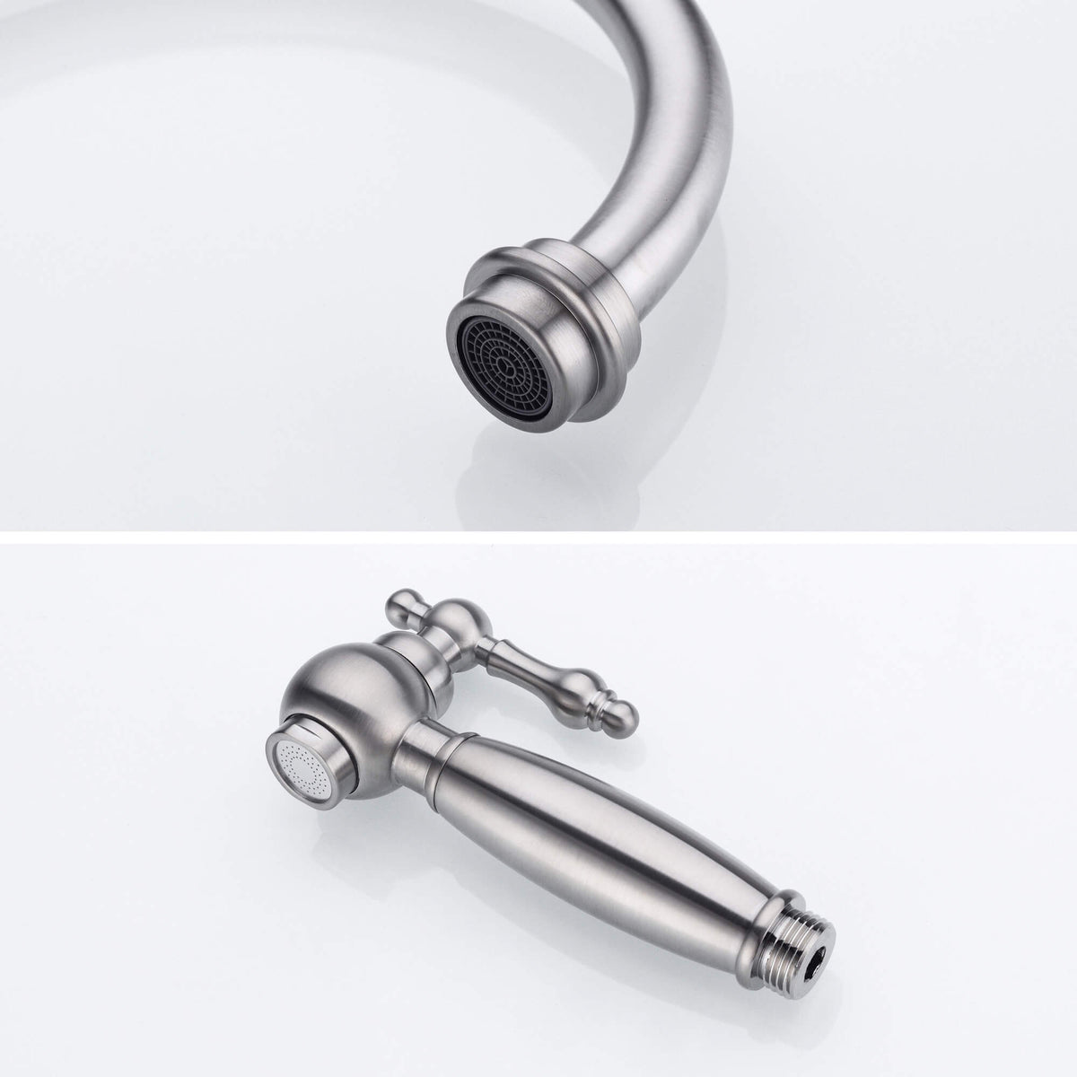 4-Hole Bridge Kitchen Faucet with Pull-Out Side Sprayer 360° Swivel high-arch Spout