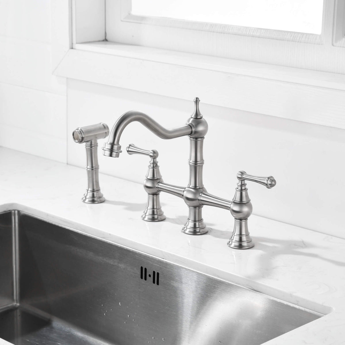 4-Hole Bridge Kitchen Faucet with 360° Swivel Curved Spout Pull-Out Side Sprayer