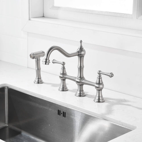 4-Hole Bridge Kitchen Faucet with 360° Swivel Curved Spout Pull-Out Side Sprayer