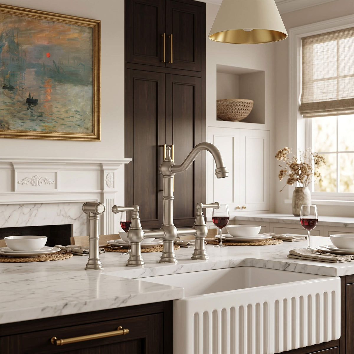 4-Hole Bridge Kitchen Faucet with 360° Swivel Curved Spout Pull-Out Side Sprayer