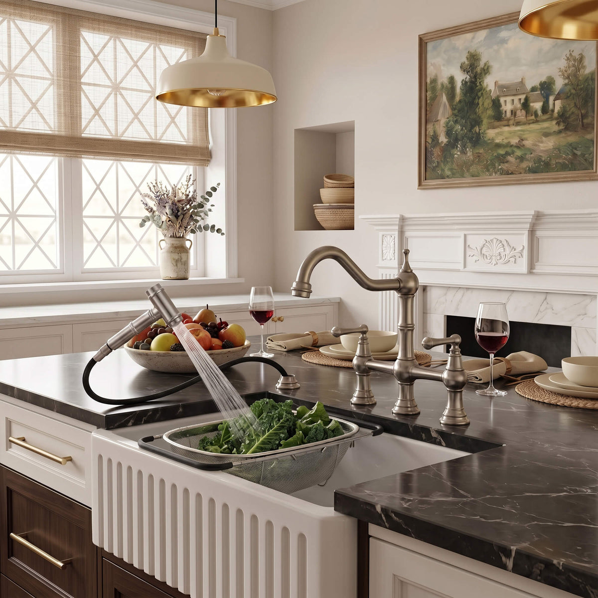 4-Hole Bridge Kitchen Faucet with 360° Swivel Curved Spout Pull-Out Side Sprayer