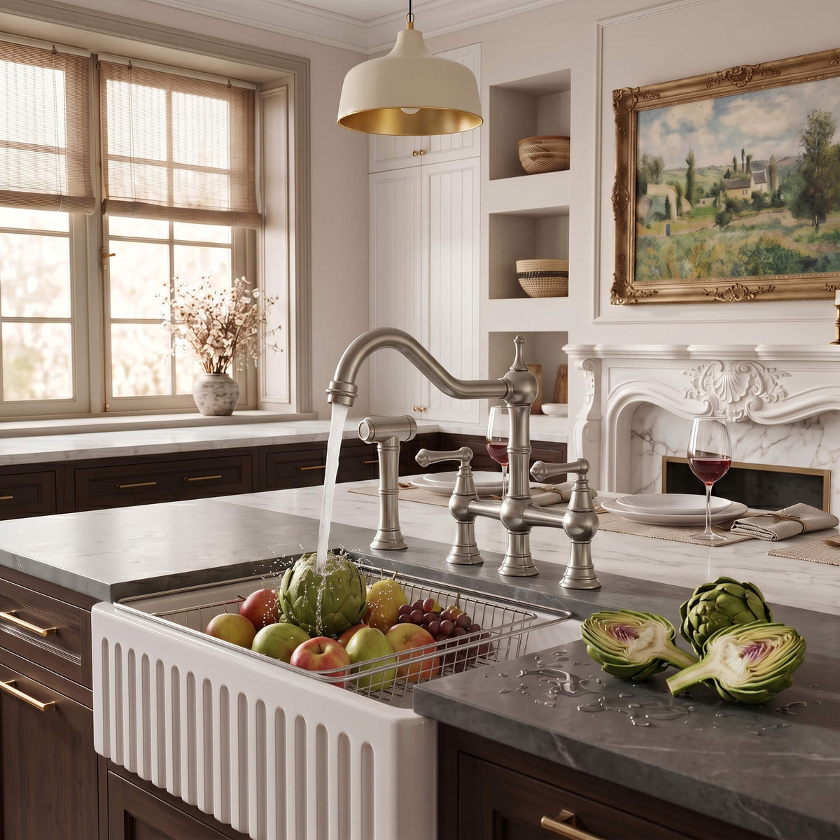 4-Hole Bridge Kitchen Faucet with 360° Swivel Curved Spout Pull-Out Side Sprayer