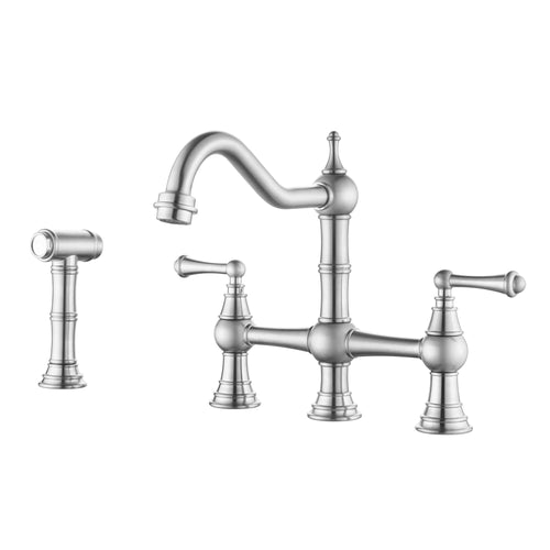 4-Hole Bridge Kitchen Faucet with 360° Swivel Curved Spout Pull-Out Side Sprayer