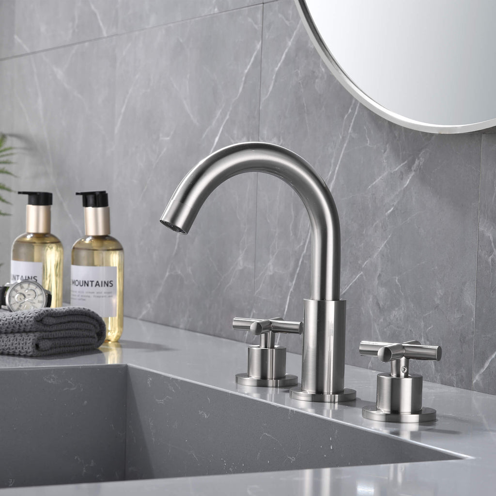8" Spread 3-Hole Brass Bathroom Faucet - 360° Gooseneck Spout Dual Cross Handles