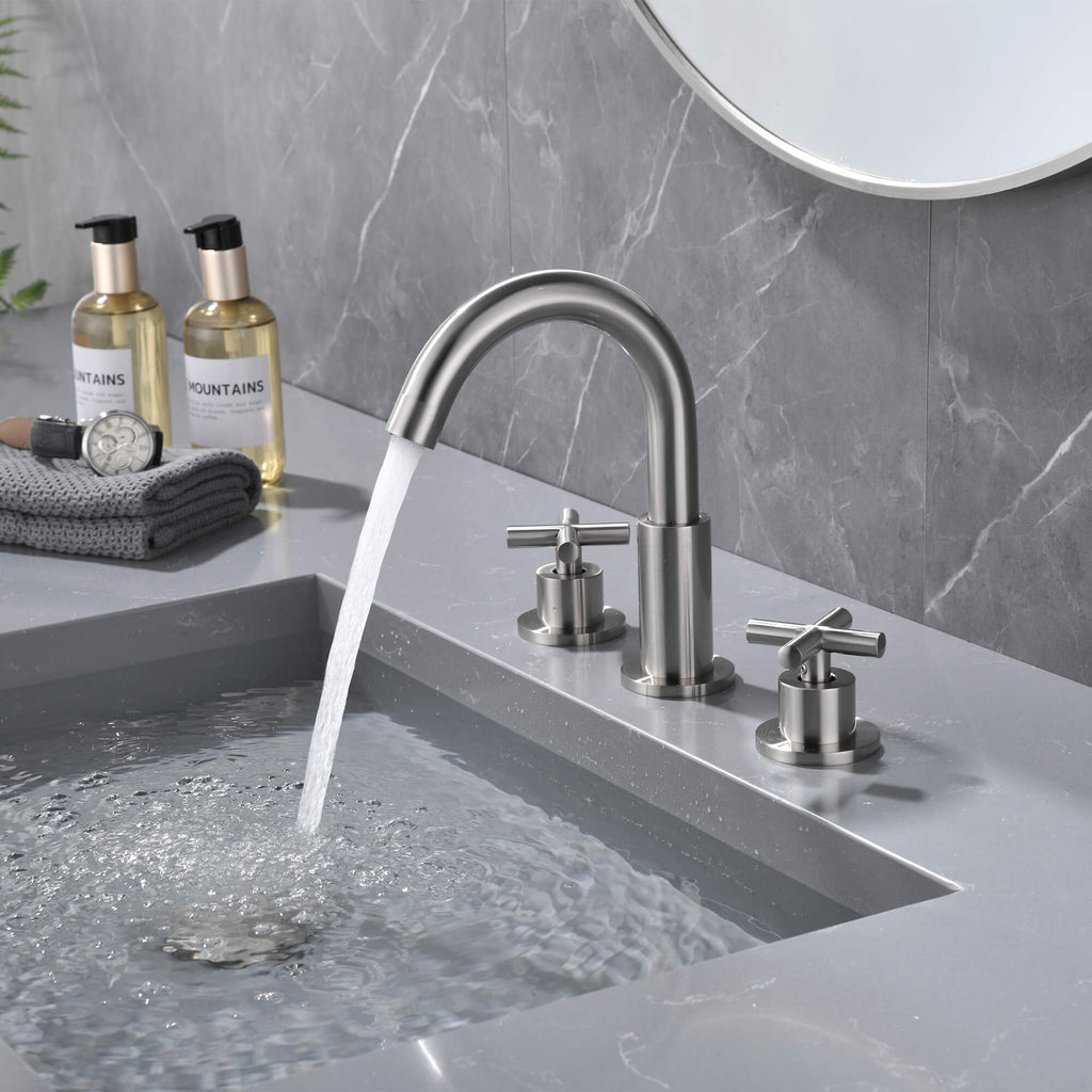 8" Spread 3-Hole Brass Bathroom Faucet - 360° Gooseneck Spout Dual Cross Handles