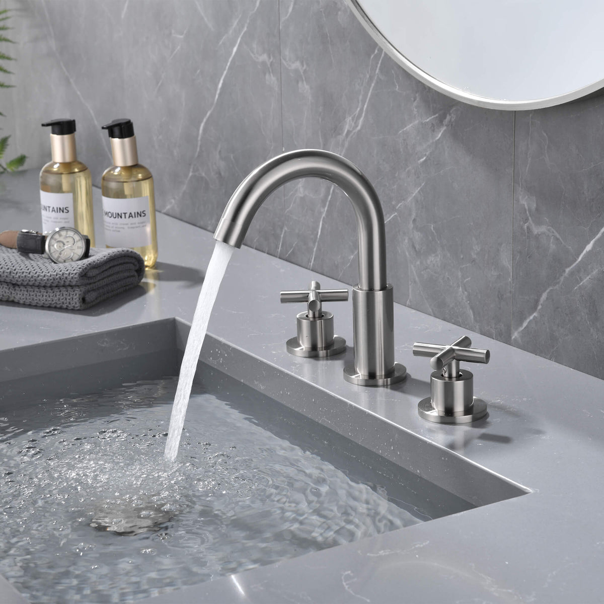 8" Spread 3-Hole Brass Bathroom Faucet - 360° Gooseneck Spout Dual Cross Handles