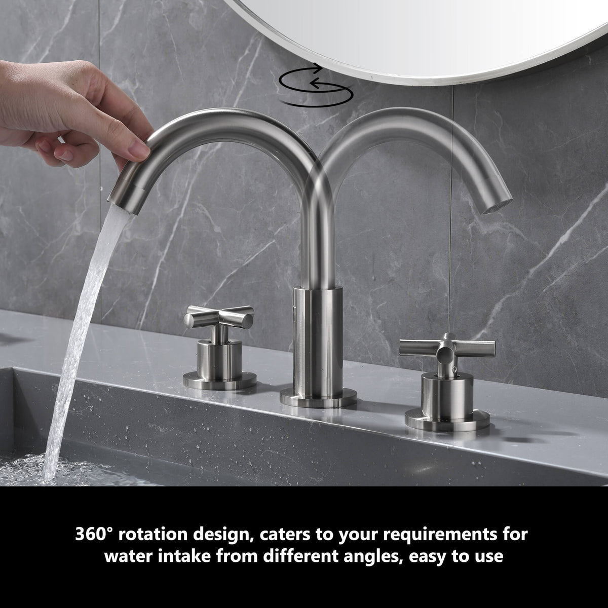 8" Spread 3-Hole Brass Bathroom Faucet - 360° Gooseneck Spout Dual Cross Handles