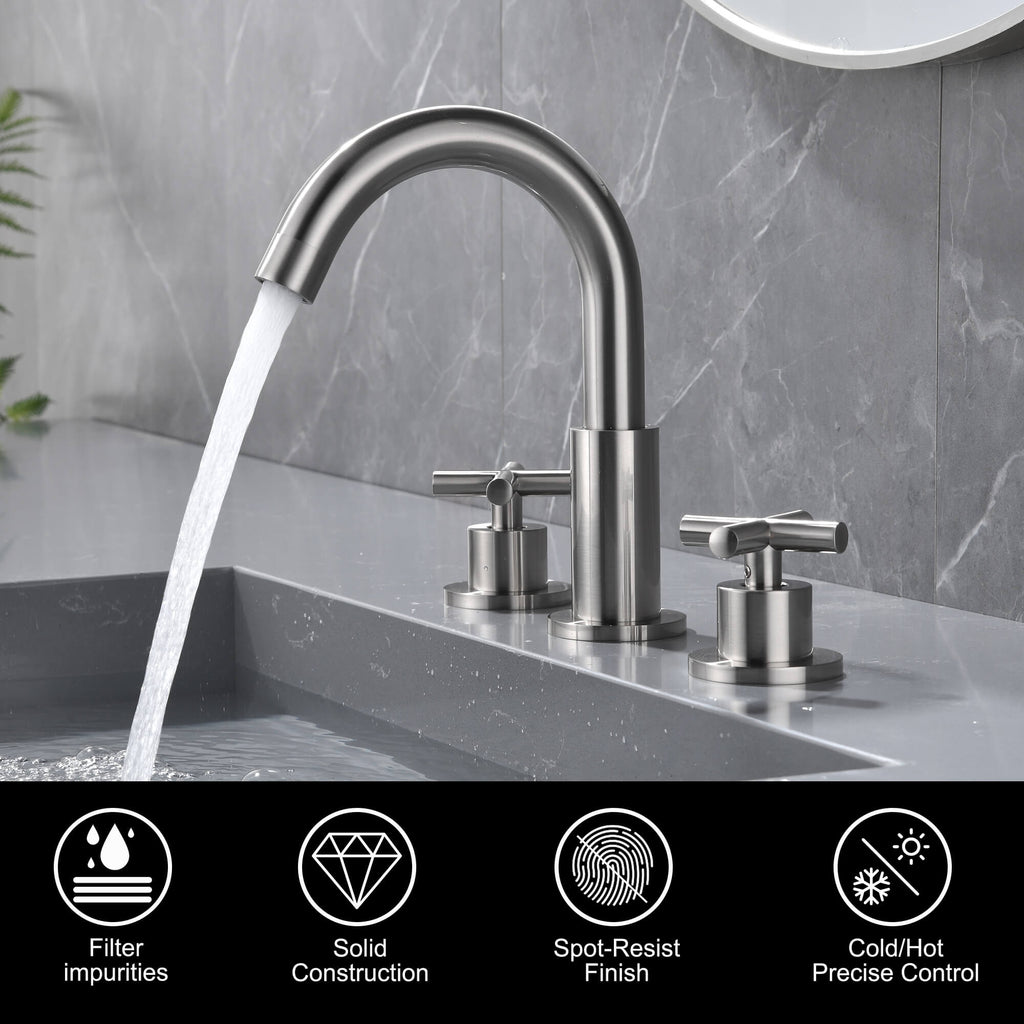 8" Spread 3-Hole Brass Bathroom Faucet - 360° Gooseneck Spout Dual Cross Handles